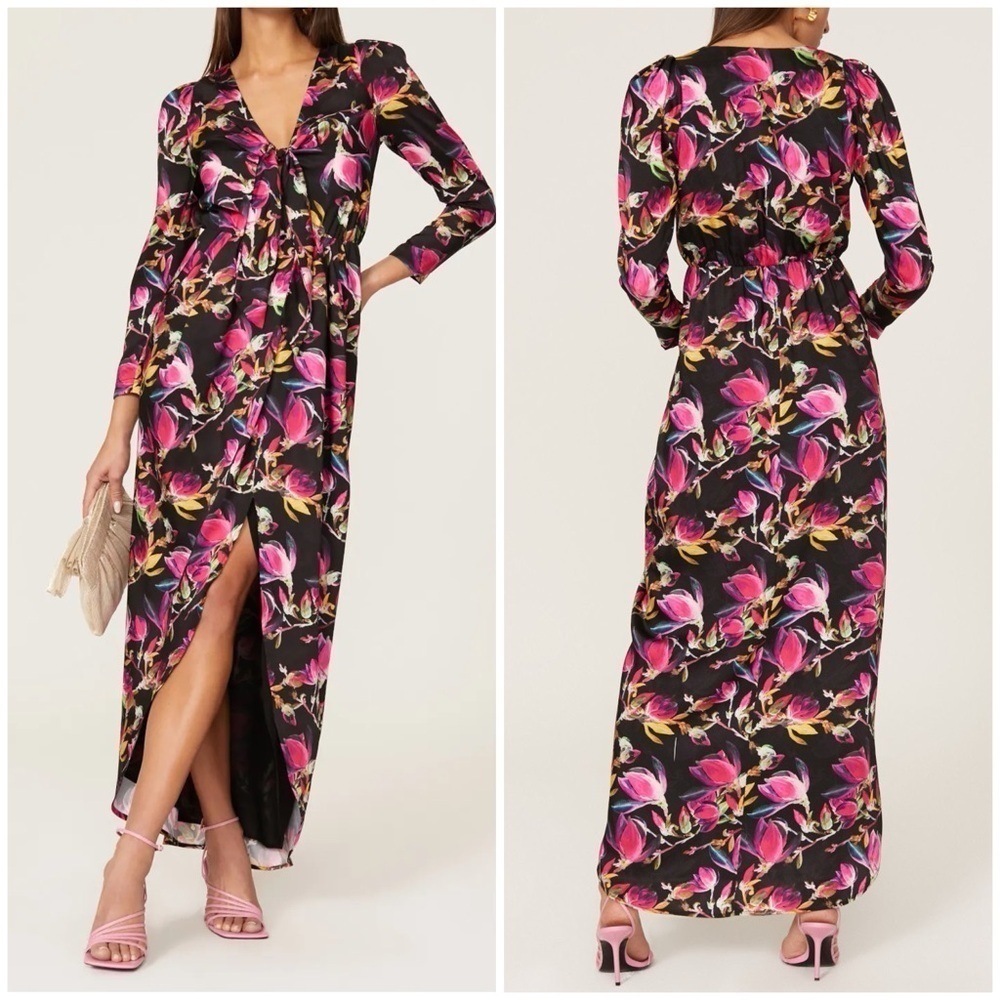 Delfi Collective Lindsay Floral Midi Dress Gown Knot Front Cut Out Slit Sz S